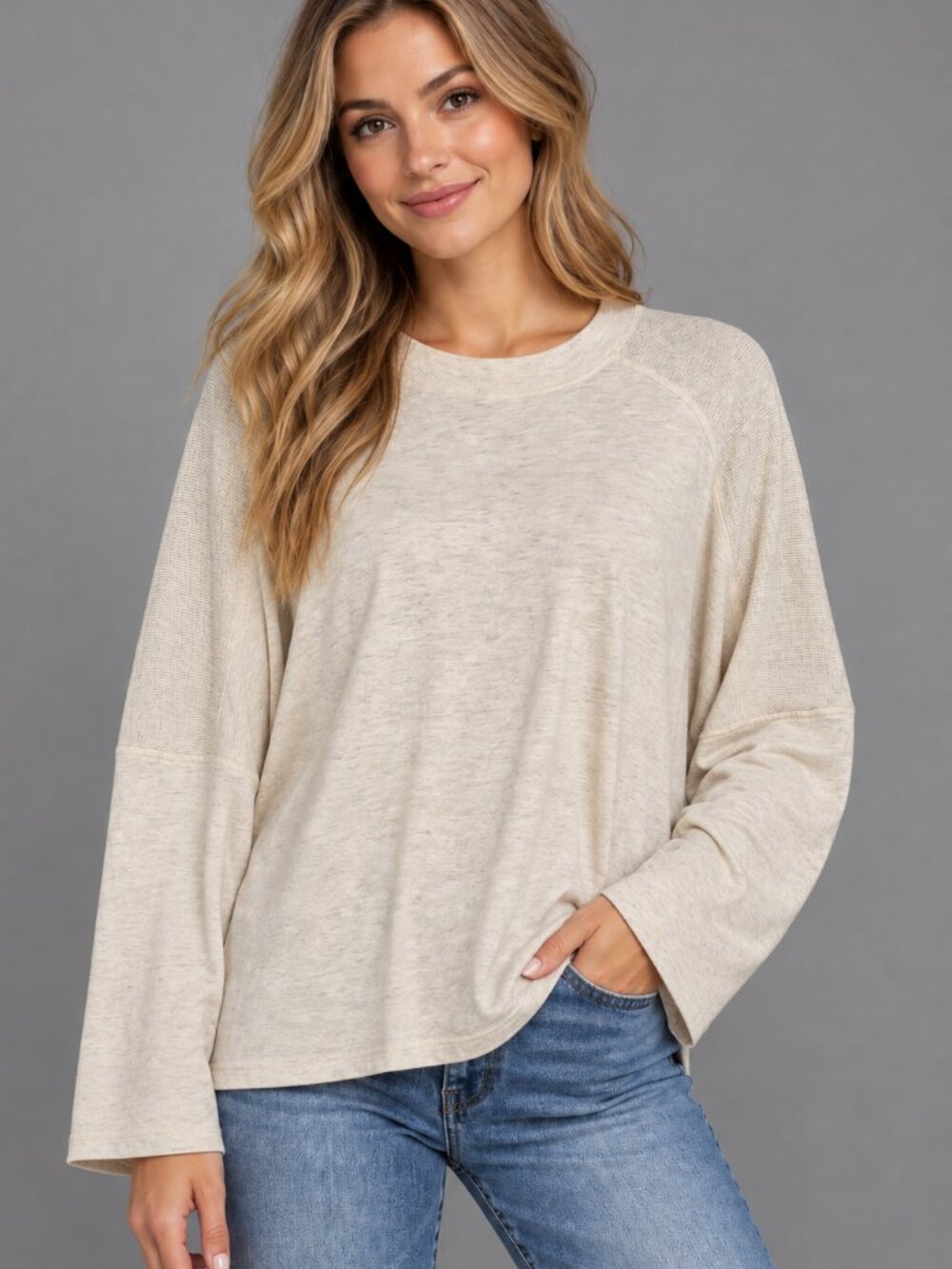 Aerie Oversized Cotton Sweater Oatmeal Raglan Sleeve Size Large